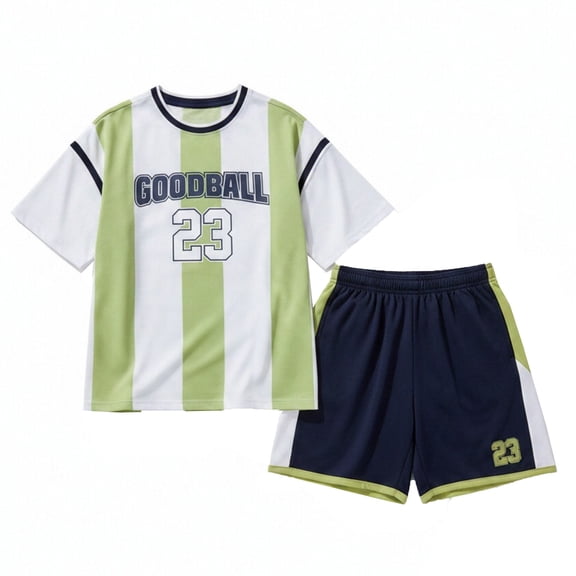 JAJAHO Summer Boys Athletic Outfits Breathable Mesh Striped Letter Short Sleeve T Shirt And Shorts 2 Piece Set For Kids 5-16Y Trendy Outfit