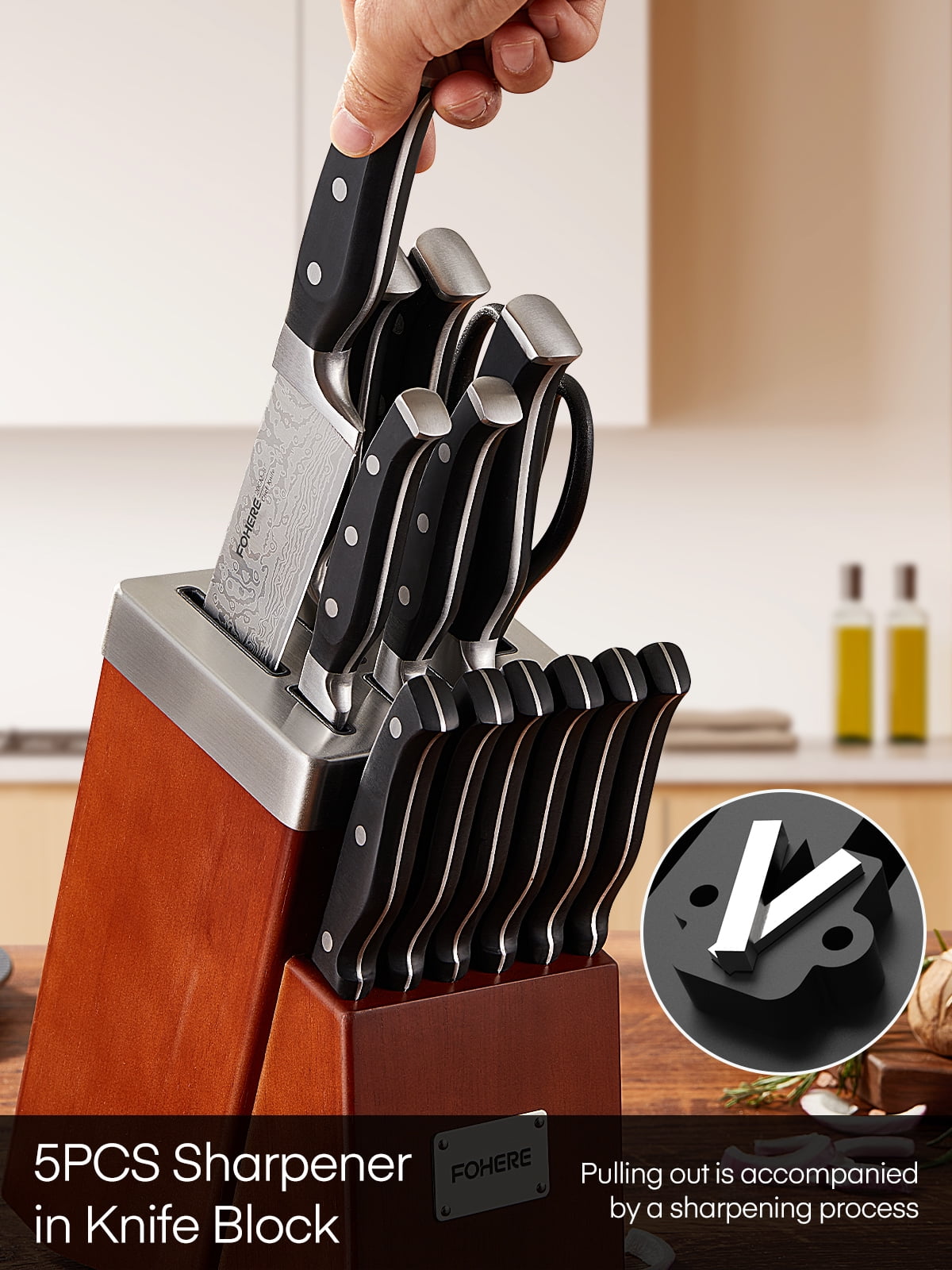 FOHERE 14 Pcs Knife Set with Self-sharpening Technology, Waved Texture Kitchen Knives, Stainless Steel