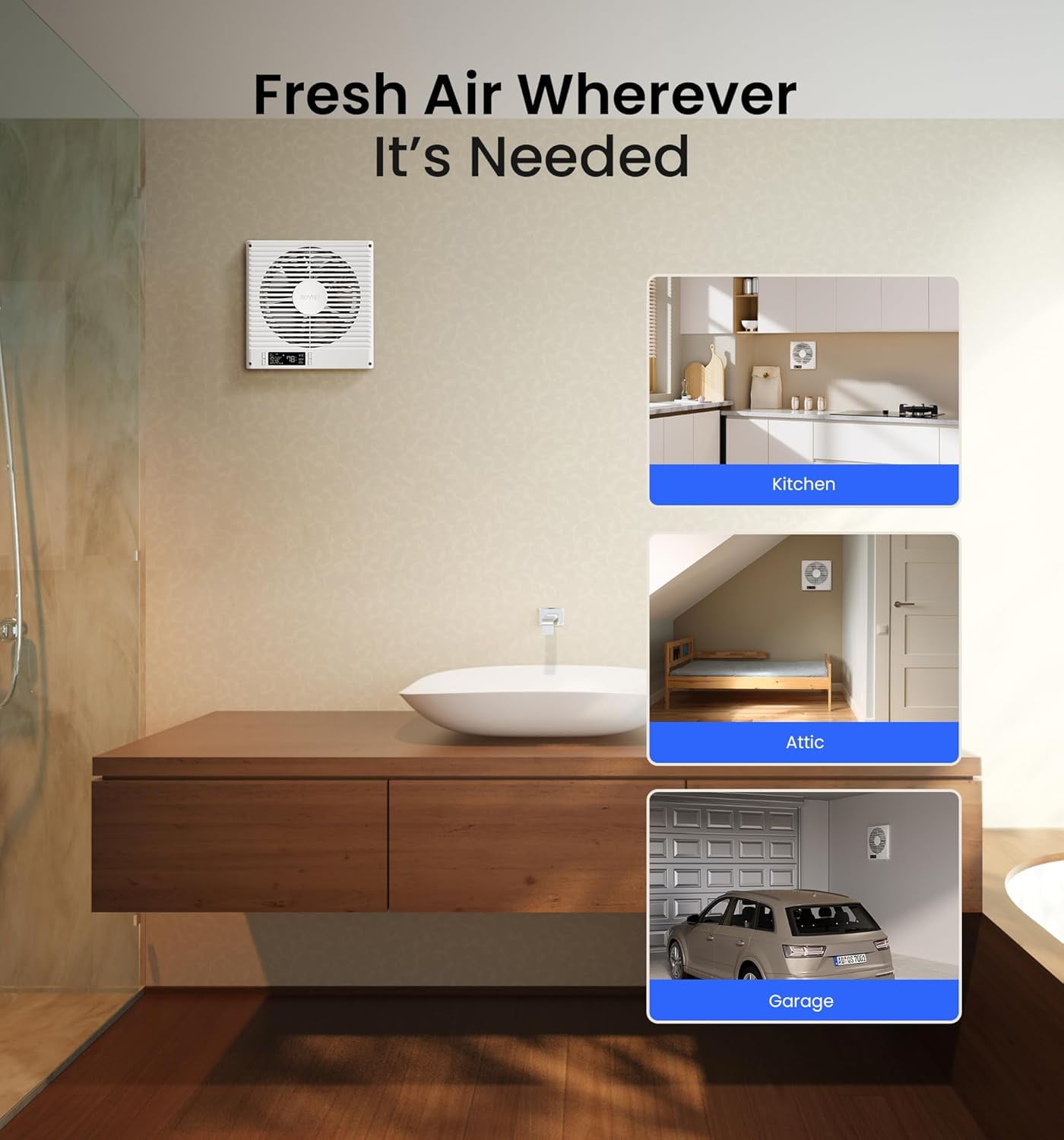 KOVIET 8 inch Room to Room Ventilation Fan with Remote, Quiet Reversible Through the Wall Air Transfer Fan, 10-Speed Smart Exhaust Vent, Temperature Control, ETL Certified for Bedroom, Kitchen, Laund