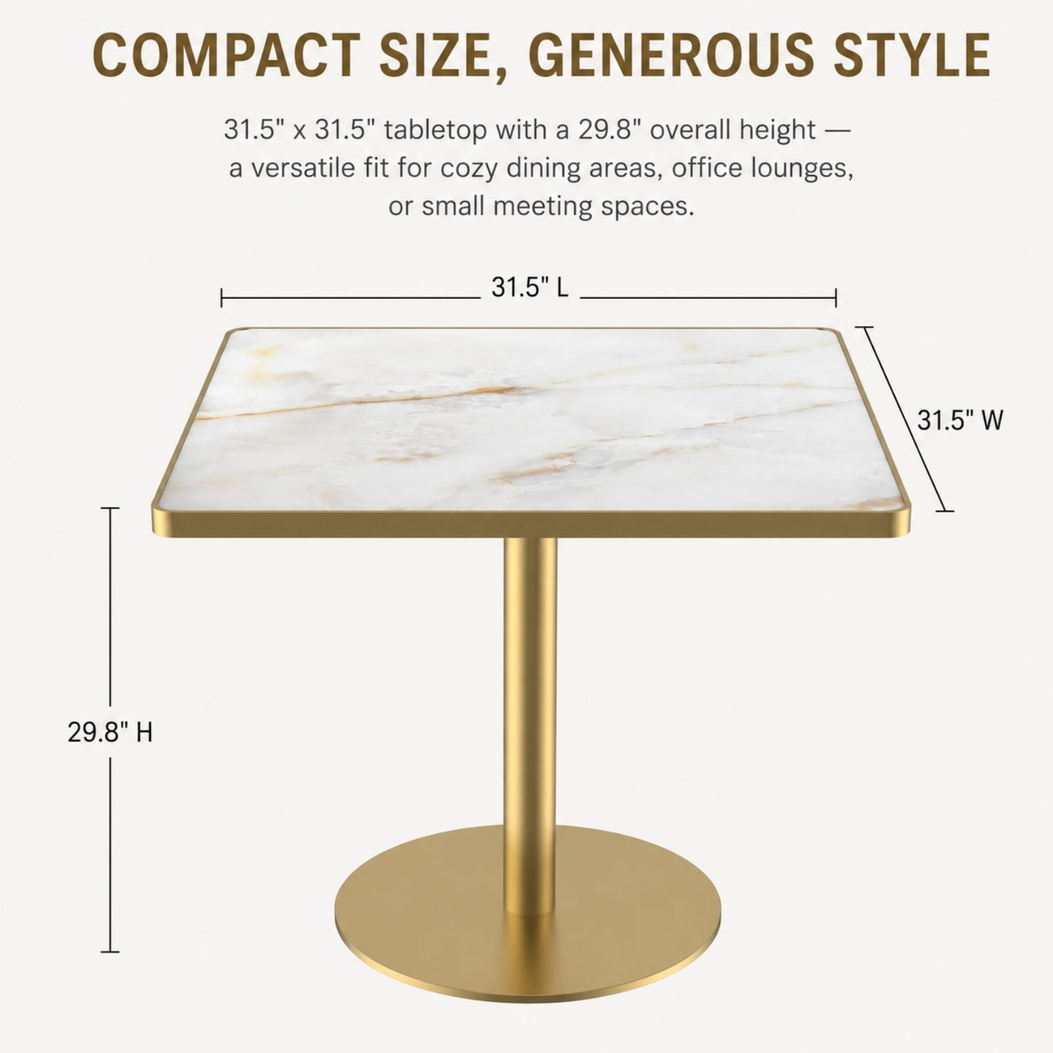 Miniyam 31.5 in Square Dining Table, Glossy Marble-Look Small Kitchen Table with Titanium Gold Feet, White Gold Vein