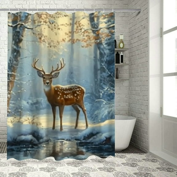 BCIIG Deer Snowy Forest Bathroom Shower Curtain Set with Hooks 36"x72