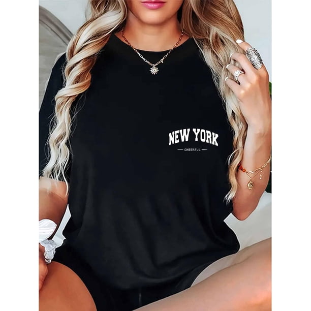 Camiseta Para Mujer De Verano Cuello RedondoNew York Cheerful Print Casual T-Shirt for Women - Polyester Blend Knit Fabric, Crew Neck, Short Sleeve, Season Versatile, Medium StretchFather's Day, Mot