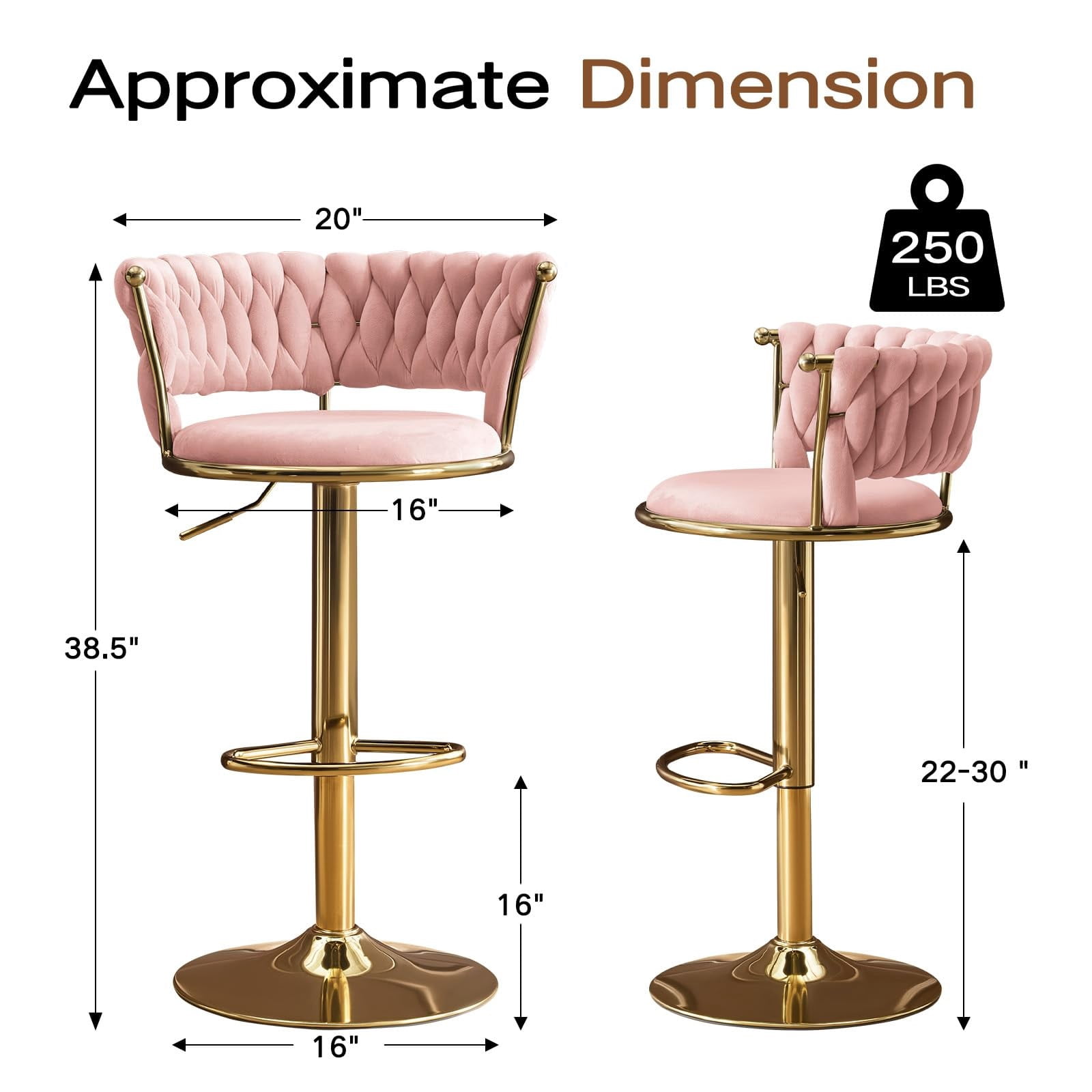 Set of 2 360° Swivel Velvet Bar Stools, Adjustable Counter Height Bar Chairs with Gold Metal Base & Low Back, Modern Kitchen Island Barstools for Dining Room & Pub, Pink