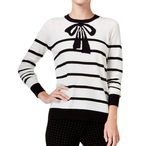maison Jules Womens Striped Bow Knit Sweater, White, X-Small