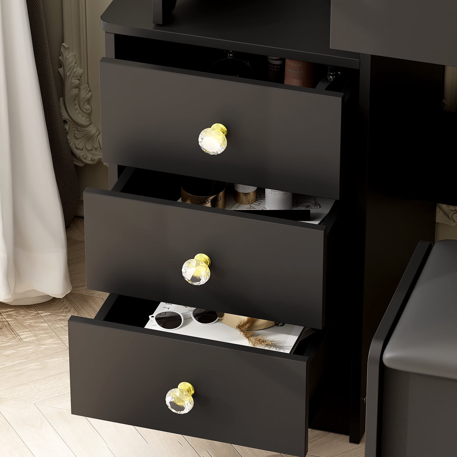 MONSLIPA Vanity Set with Light Mirror, Makeup Dressing Table with 4 Drawers for Bedroom, Black