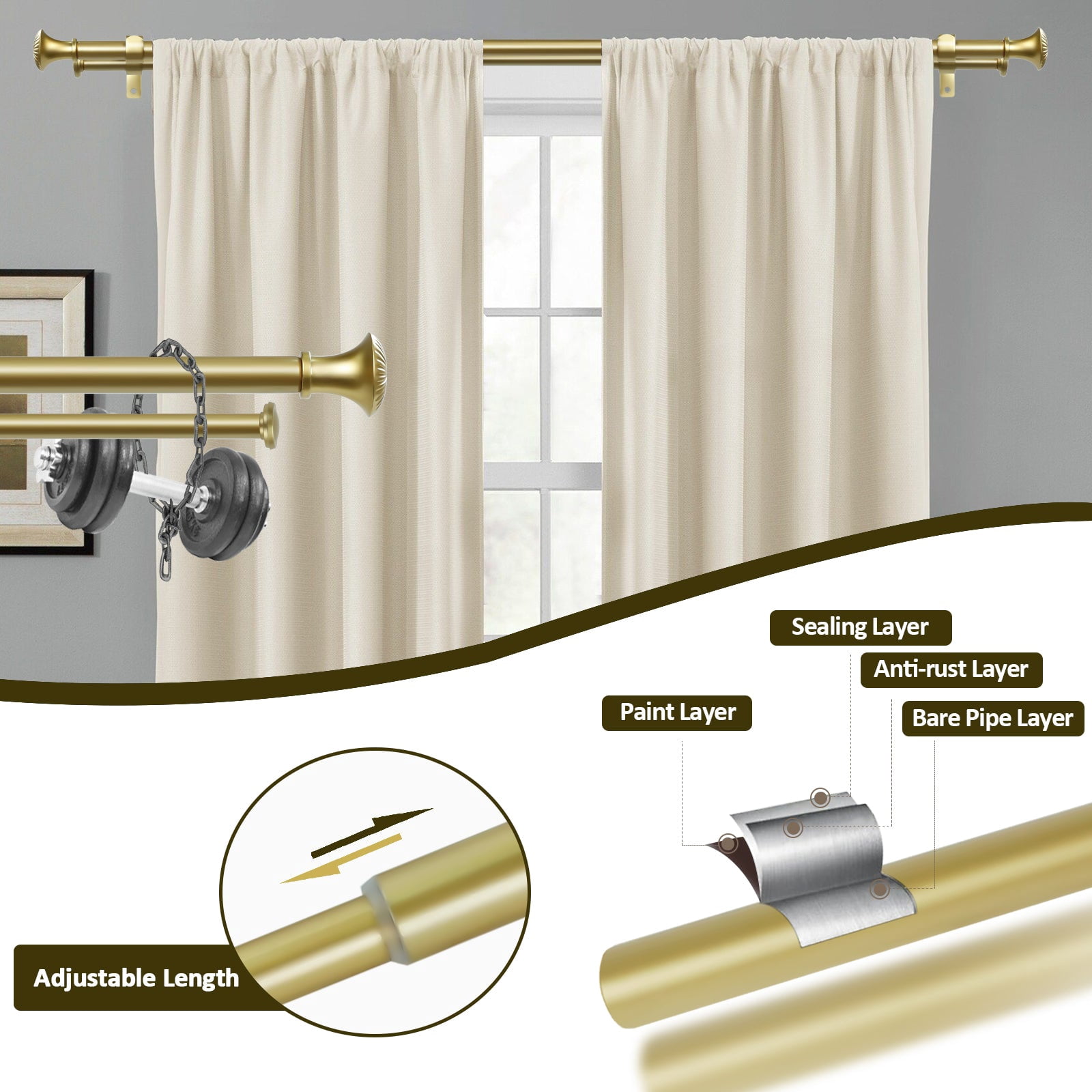 Ridicili 5/8" Telescoping Double Curtain Rods with Trumpet Finials, Gold, 84"-120", 5/8 Inches Front and 1/2 Inches Back Double Window Drapery Rod