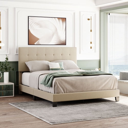 Upholstered Platform Bed Frame Modern, Linen Headboard Queen Bed