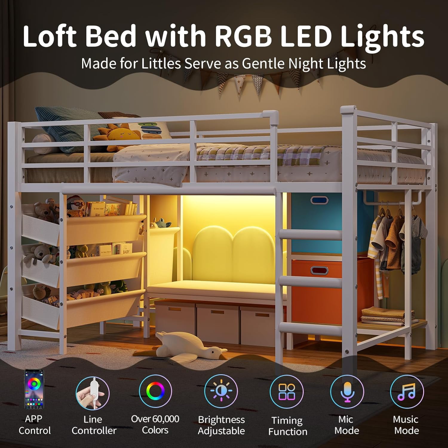 Mabor Twin Size Loft Bed with LED Lights & Reading Bench, Metal Loft Bed Frame with Bookshelf & Storage Basket & Stairs & Full-Length Guardrail for Bedroom, White