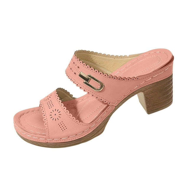 Womens Summer Shoes Peep-Toe Thick Heel Cushioned Slides