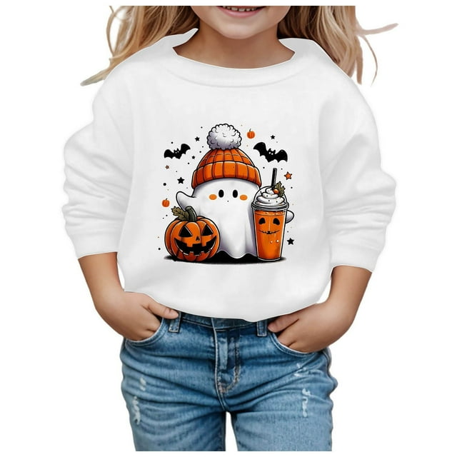 Chandail en Molleton Mode Filles Halloween Imprimé Mignon Col Rond Manches Longues Haut Décontracté Chandail Doux Mélange Confortable Vêtements Enfants