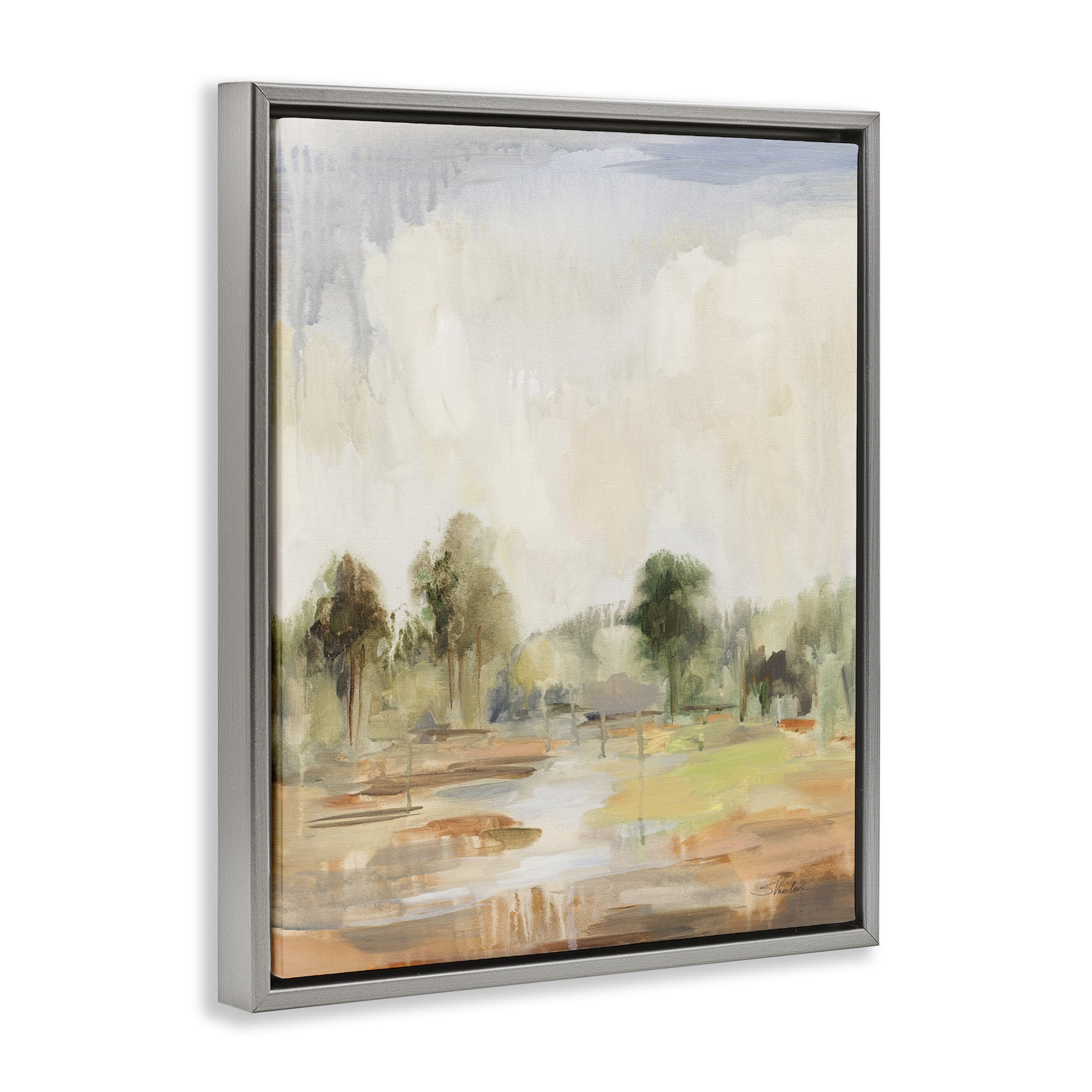 Stupell Industries Summer Rain Landscape Landscape Painting Gray Floater Framed Art Print Wall Art, 25 x 31