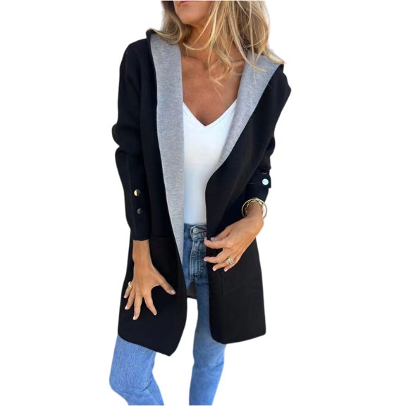 Fashionable Solid Color Long Sleeved Casual Sweater Cardigan, Hooded Jacket with Pockets for Versatile Layering in Women's Everyday Wardrobe,Black,L
