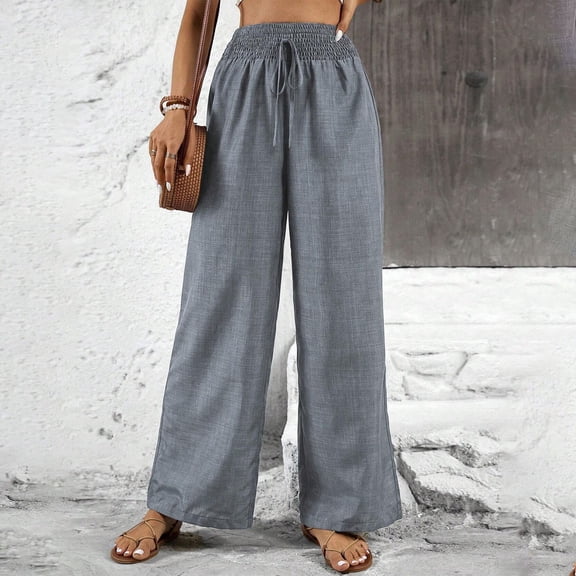 Maqroz Palazzo Pants for Women Dressy Plus Size Teacher Outfits Cotton Linen Summer Boho Wide Leg Drawsting High Waist Casual Lounge Pant 2026 Beach Travel Vacation Outfits Gray L