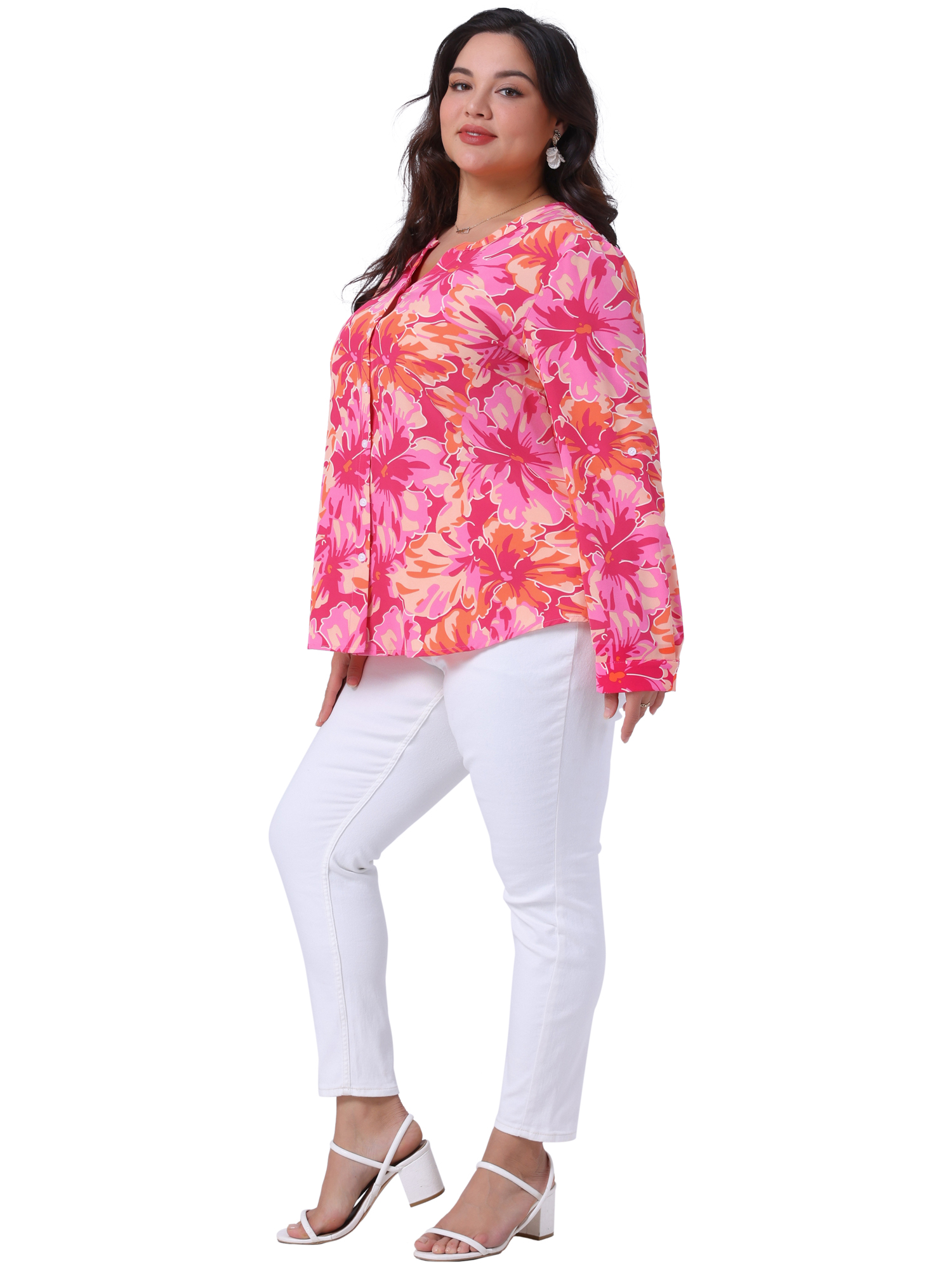 DARING DIVA Women's Plus Size Floral Long Sleeve Button Down Shirt 3X Hot Pink