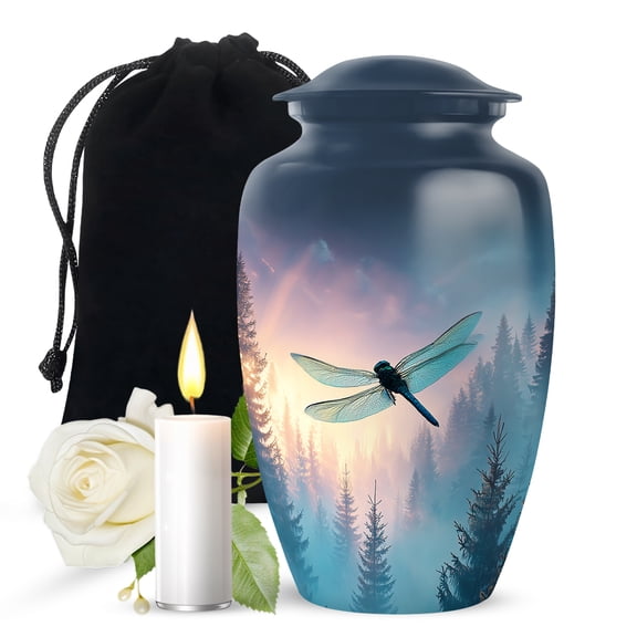 JAGASY Dragonfly Funeral Urn for Boy & Girl - Blue Large Urn for Ashes Adult Male - Pink Sunset Tree Decorative Urns for Friends - Unique Handcrafted Urns for Men - (10 Inch)