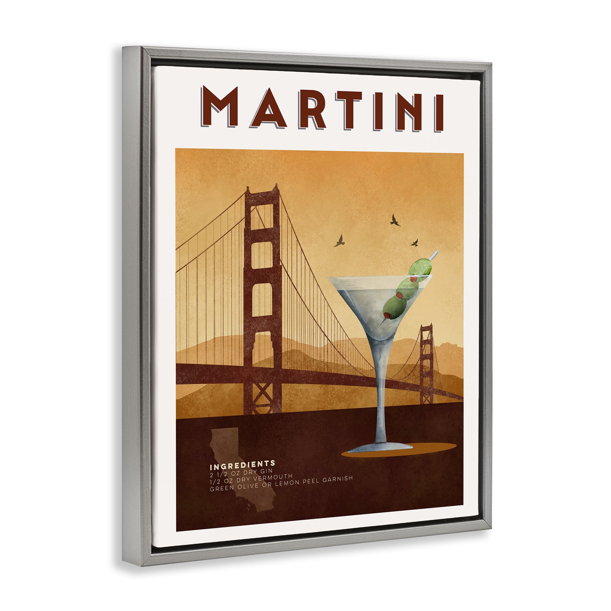 Retro Martini & Bridge View Gray Framed Floater Canvas Wall Art, design by Brett Blumenthal