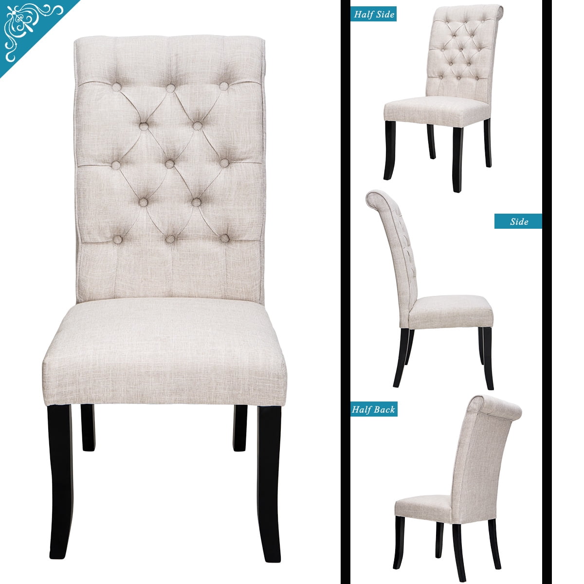 Upholstered Button Dining Chairs Set of 2, 38.5'' x 19.5'' x 17.5'' Tufted High Back Padded Dining Chairs w/Wood Legs, Linen Fabric Dining Side Chair, for Home/Kitchen/Living Room, 330 Lbs, S7119