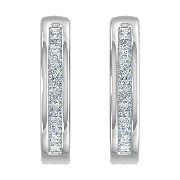 1/5 Carat Channel Set Princess cut Diamond Huggies Earrings in 14k White Gold (I1-I2 Clarity)