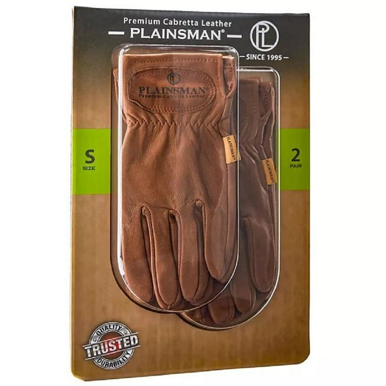 Plainsman Premium Cabretta Brown Leather Gloves 2 Pairs Small Reinforced double layer palms with 3 rows of double stitching. By Brand Plainsman