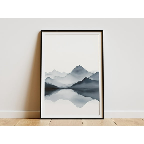 Minimalist Mountain Range Art Print Japanese Inspired Landscape Poster Simple Mountain Reflection Wall Art Japandi Decor Watercolor - Poster Unframed