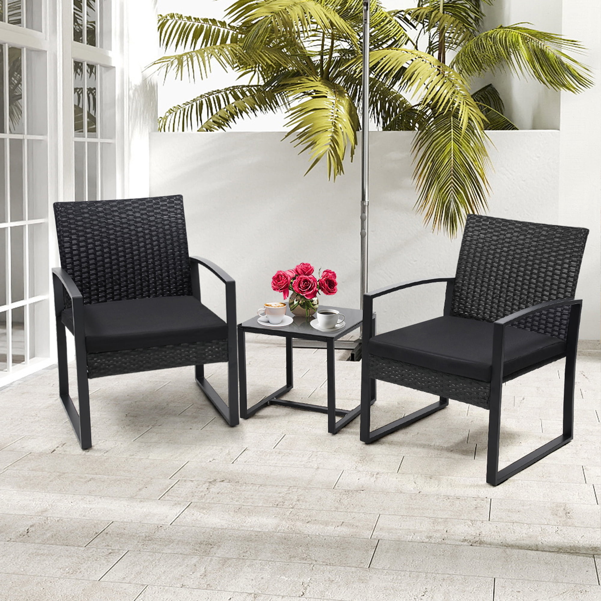 TUAREX 3-Piece Rattan Patio Furniture Set, All-Weather Wicker Bistro Set with Coffee Table and Cushioned Chairs for Garden, Yard, Balcony, Black
