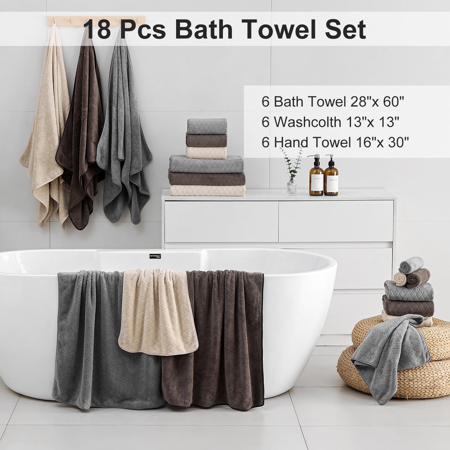Smuge 18 pcs Bath Towel Sets, Include 6 Bath Sheet Towels, 6 Hand Towels, 6 Washcloths, Soft Microfiber Highly Absorbent Shower Towel for Bathroom Gym Spa(Camel)