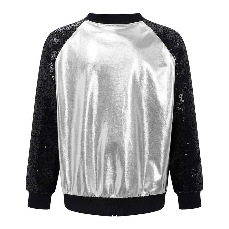 YONGHS Girls Sequins Metallic Zip Up Bomber Jacket Shiny Flight