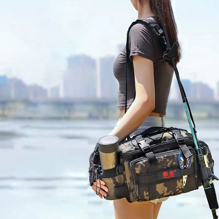 Multi-Purpose Fishing Tackle Bag, Camping Bag, and Hiking Bag with Removable Shoulder and Waist Straps, Fishing Pole and Beverage Holders, Size: Free
