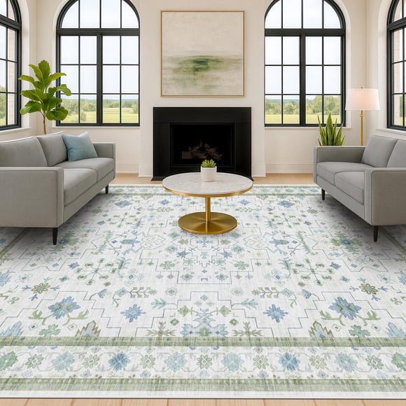 Alfombra Hazo Haus Oriental, geométrica, 9 x 12 pies, verde y azul