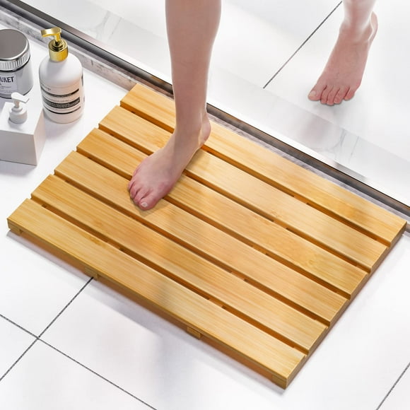 Domax Bamboo Bath Mat for Bathroom - Shower Mat Non Slip Waterproof Wooden Shower Floor Mat for Doorway Sauna Spa Yard Patio Pool Outdoor Use (Natural 21.26 x 14.17 x 1.3 Inch)