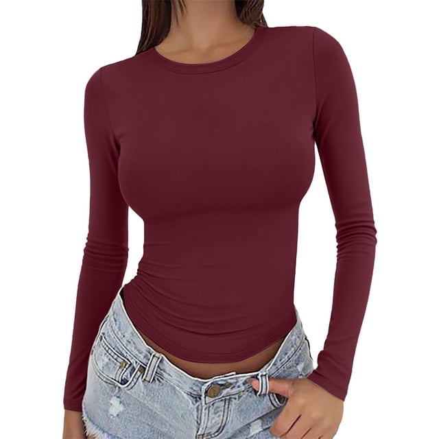 ManxiVoo Chandail Femme à Manches Longues Col Rond Ajusté Basique pour Extérieur Sport Confortable Extensible Flexible Taille m Rouge
