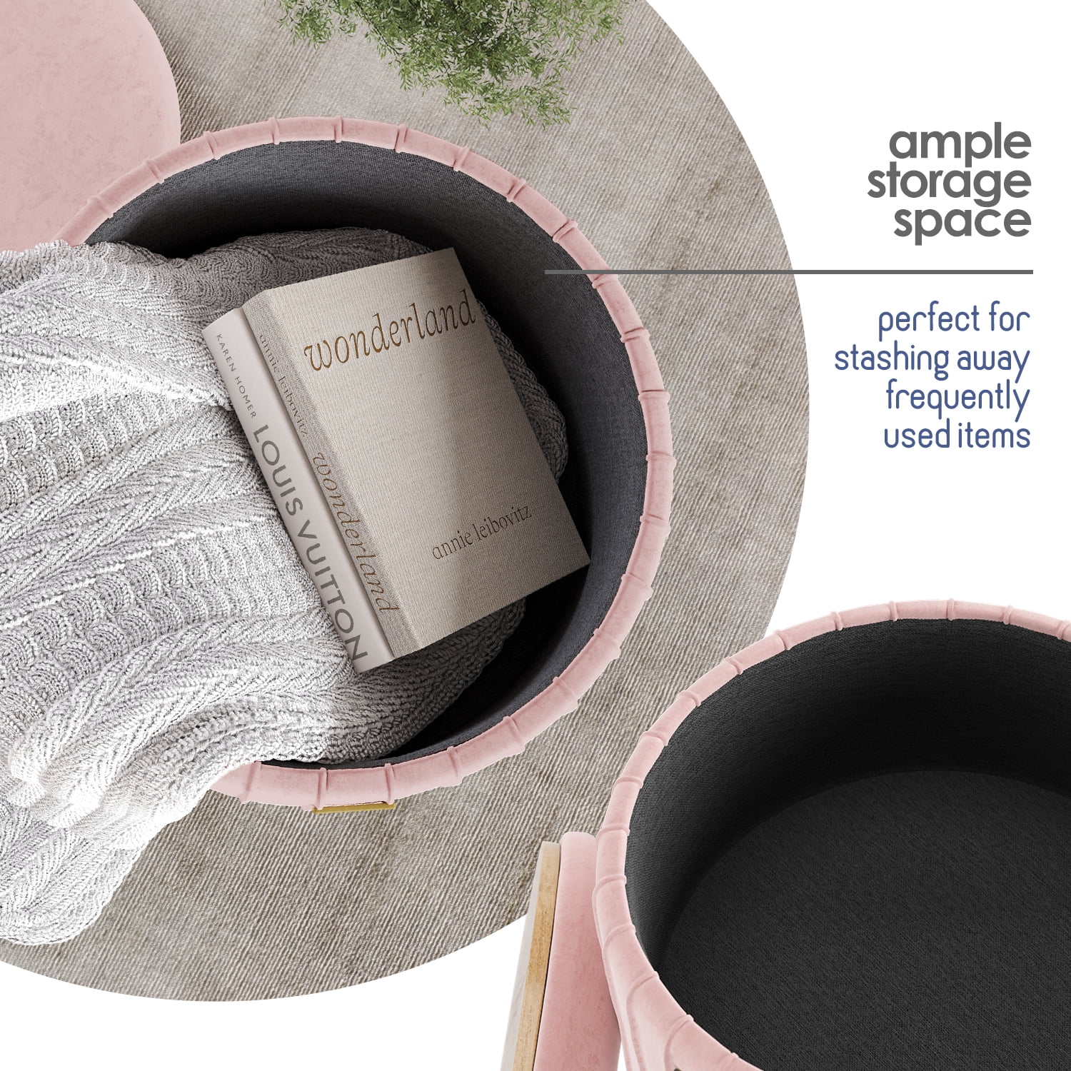 LammaLoe Small Round Ottoman with Storage, Pleated Velvet Ottoman Foot Stool with Lid, Upholstered Vanity Stool for Living Room & Bedroom, Pink