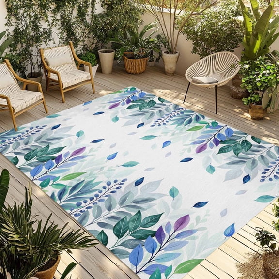 Green Leaf Outdoor Rug 4x6 Ft - Reversible Patio Rug Outdoor Camping Rugs, Country Blue Purple Botanical Plant Fruits Washable Indoor Outdoor Area Rugs, Non-Slip Outdoor Carpet Runner for Deck/Porch