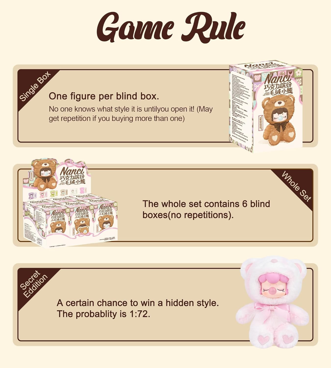 ROBOTIME Plush Blind Box Toys-Nanci Colorful Chocolate Plush Bears Collectible Dolls,Anime Figure Surprise Toys Mystery Box,Xmas Gifts for Boys Grils(1 PC)