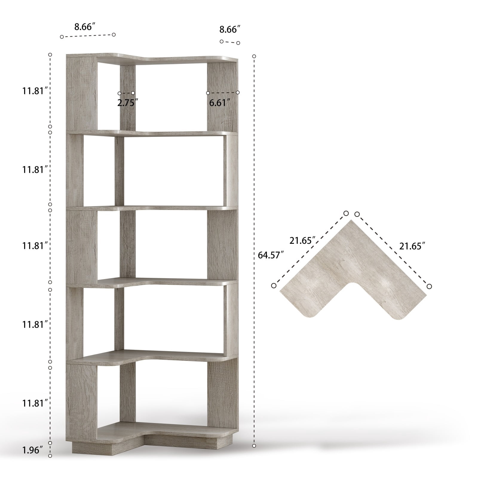 Hommoo 6-Tier Freestanding L-Shaped Corner Bookshelf Display Shelf, Wooden Bookcase Multifunctional Open Storage Rack Organizer, Light Gray