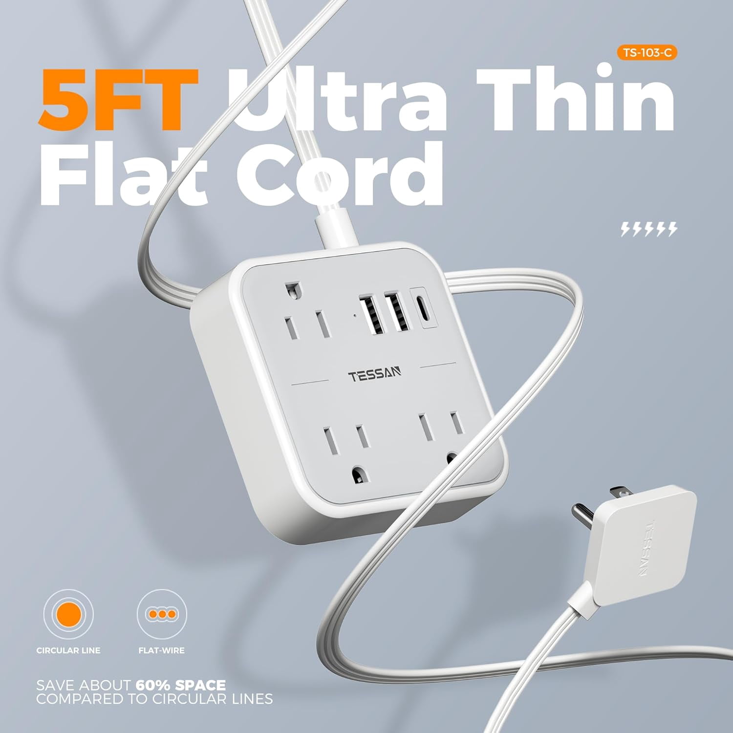 Ultra Thin Flat Extension Cord 5 FT Slim Power Strip with USB Ports (1 C) Surge Protector Plug Wall Charger 3 Outlets for Office School Dorm Room Essentials