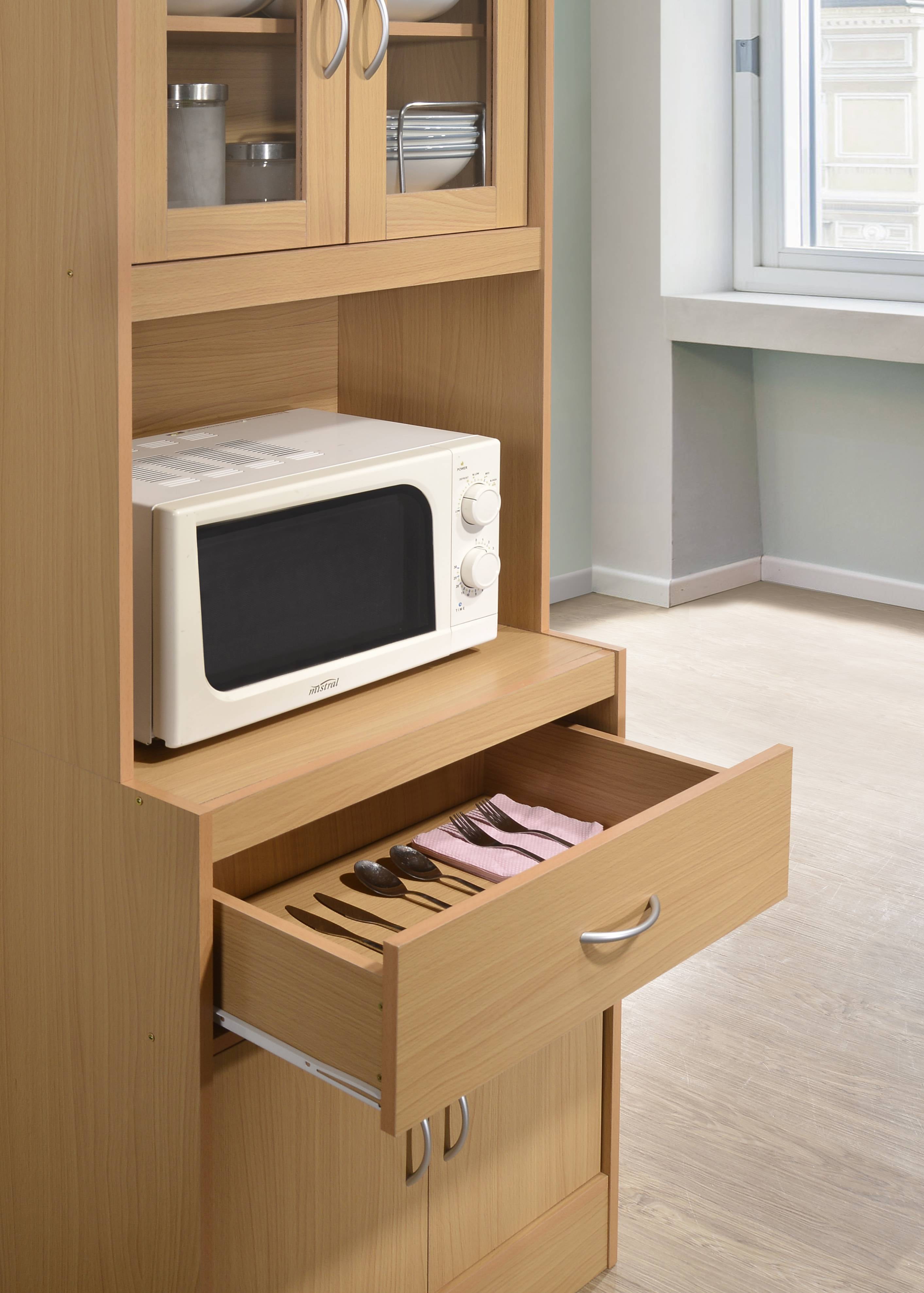 Hodedah Kitchen Cabinet with 1-Drawer, plus Space for Microwave in Beech