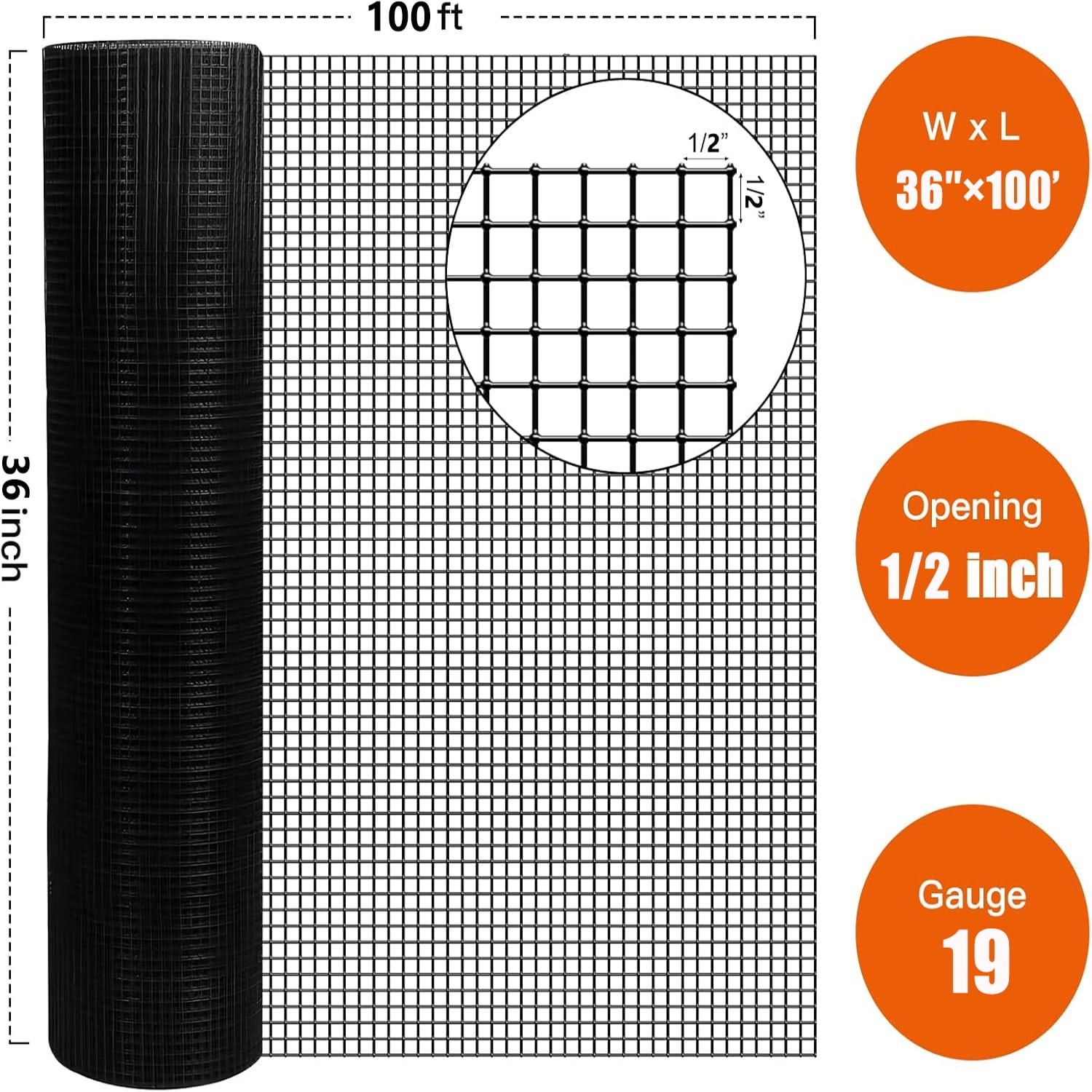 36 inch×100 ft Black Vinyl Coated Hardware Cloth, 19 Gauge 1/2 inch Black PVC Hardware Cloth, Black Welded Wire Fence Supports Poultry-Netting Cage-Home Improvement and Chicken Coop