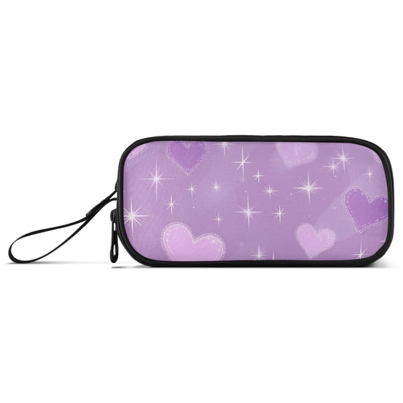 Purple Hearts with Glitter Valentine Pencil Case Stationary Holder Pen Bag Pencil Pouch Tool Organizer 3 Compartments