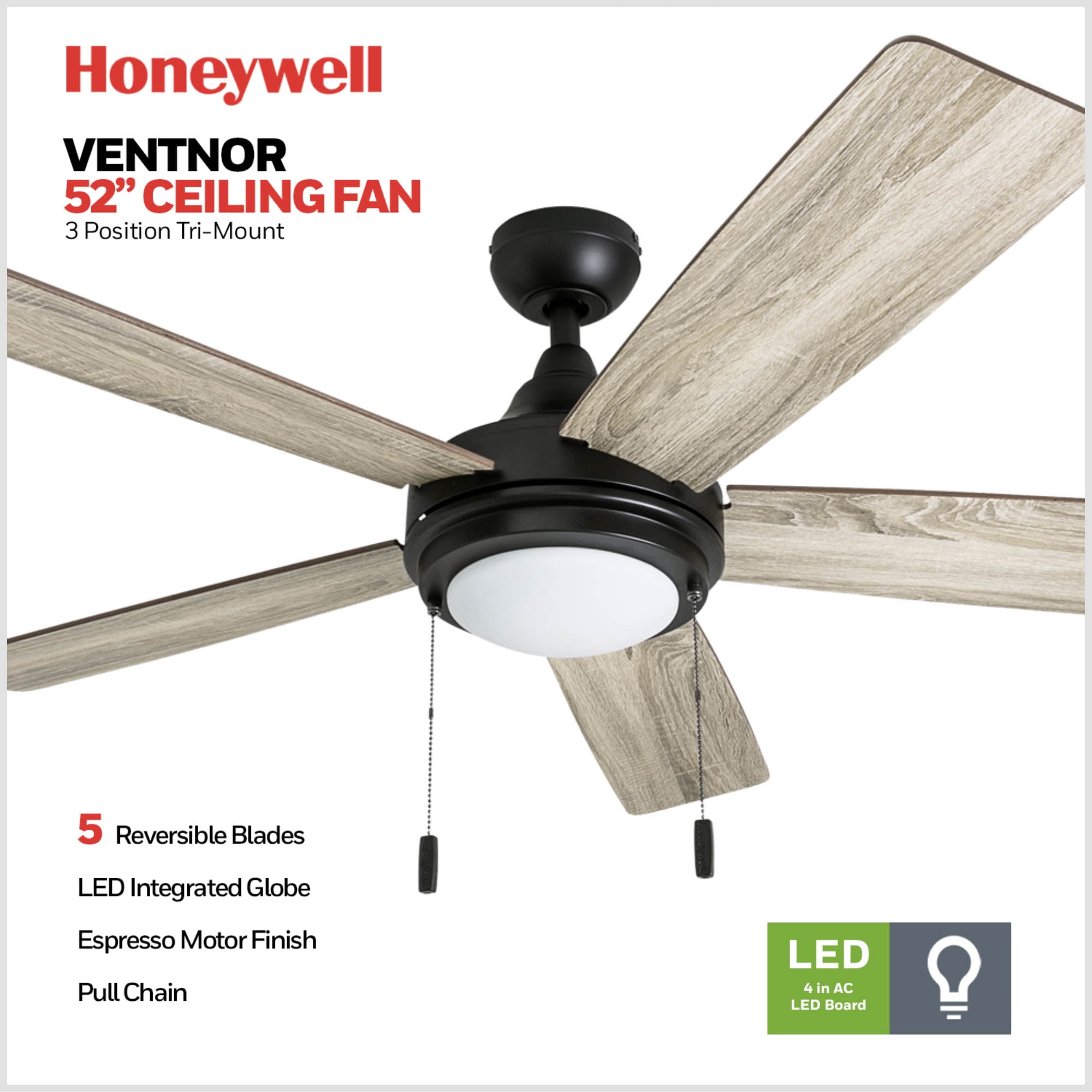 Honeywell Ventnor 52" Modern Bronze Ceiling Fan with Light, 5 Blades, Remote & Reverse Airflow