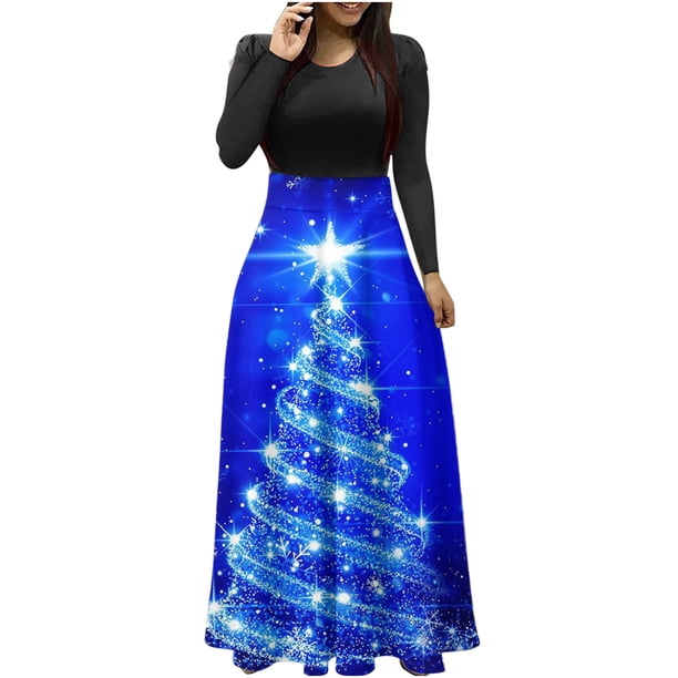 Vestidos Para Mujer Otoño Árbol de Navidad Estampado Manga Larga Cuello Redondo Vestido Largo Playa Casual Maxi Sundress Odeerbi ODB145567