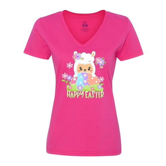 Inktastic Happy Easter Llama with Spring Flowers and Egg Women's V-Neck T-Shirt