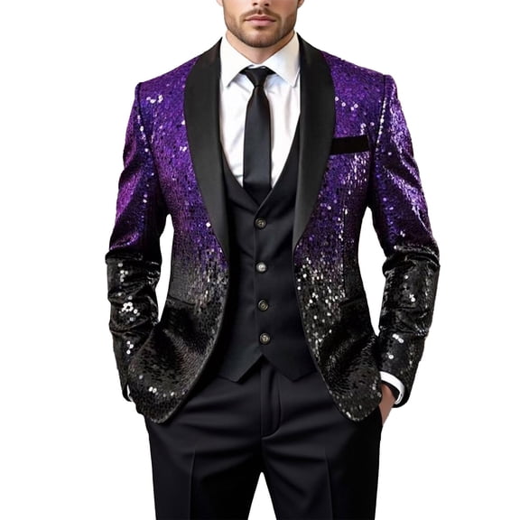 CONZONE Carnival Men's Blazer Casual Suit Jacket for Men Sparkly Sequins One Button Elegant Slim Fit Dress Jacket for Performance,Prom,Wedding