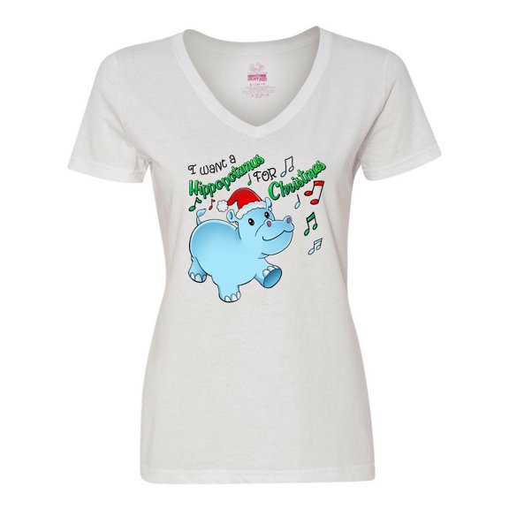 Inktastic I Want a Hippopotamus for Christmas Hippo in Santa Hat Women's V-Neck T-Shirt