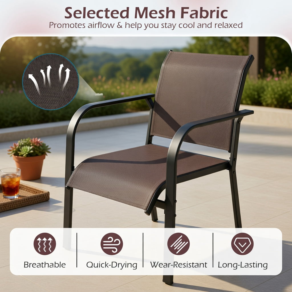Hommoo Stackable Outdoor Patio Dining Chairs Set of 2, Modern Metal Armchairs with Breathable Mesh Back, Easy Assembly for Deck, Balcony & Garden, Coffee