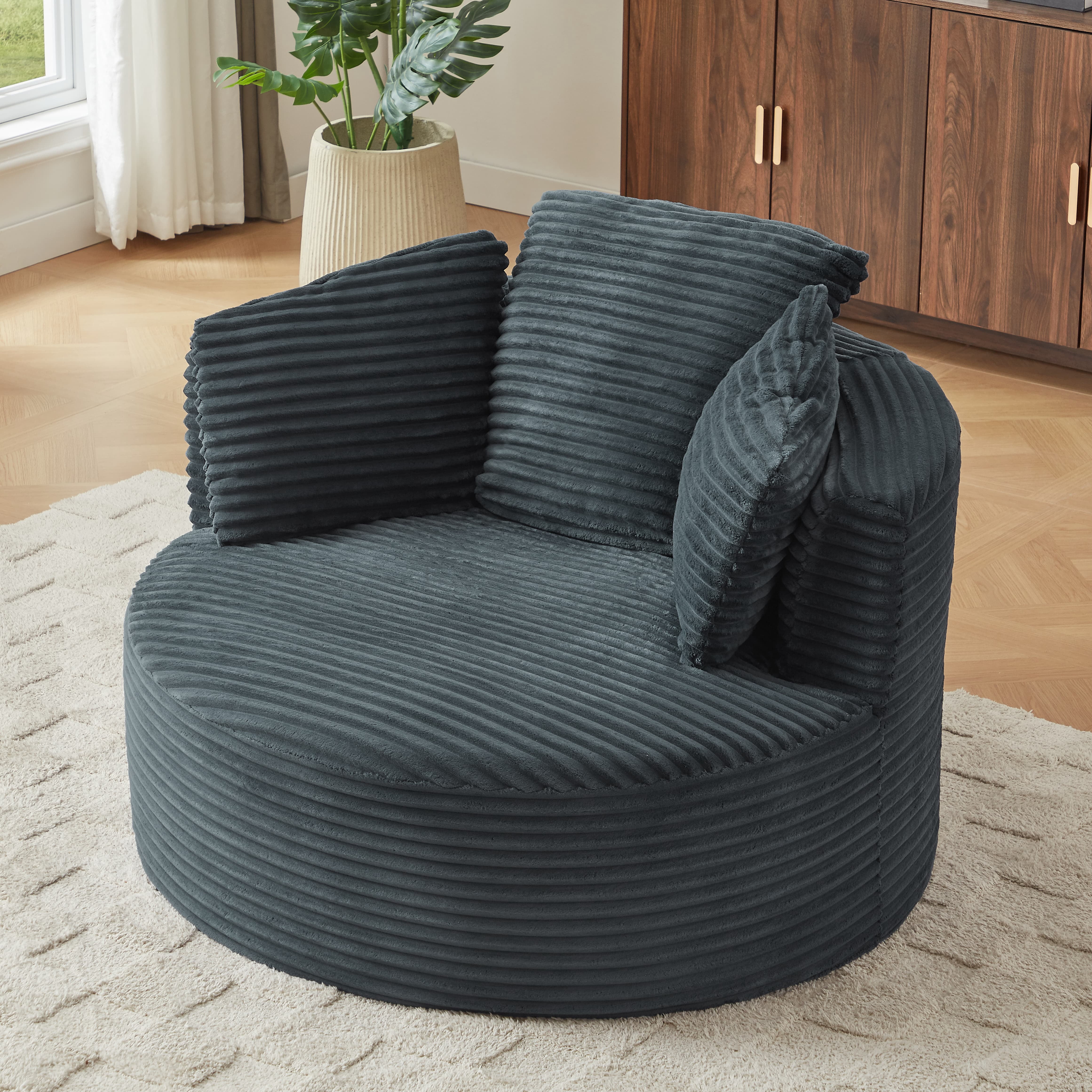 Aukfa Modern Corduroy Round Accent Chair, Compressible Chaise Lounge for Living Room & Bedroom, No Assembly,Dark Gray