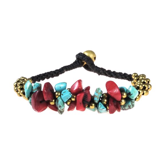 Surfer Inspired Red Coral, Blue Stone & Brass Bead with Bell Toggle Bracelet