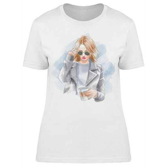 Girl In Sunglasses Holding Coffe T-Shirt Women -Image by Shutterstock, Female Medium