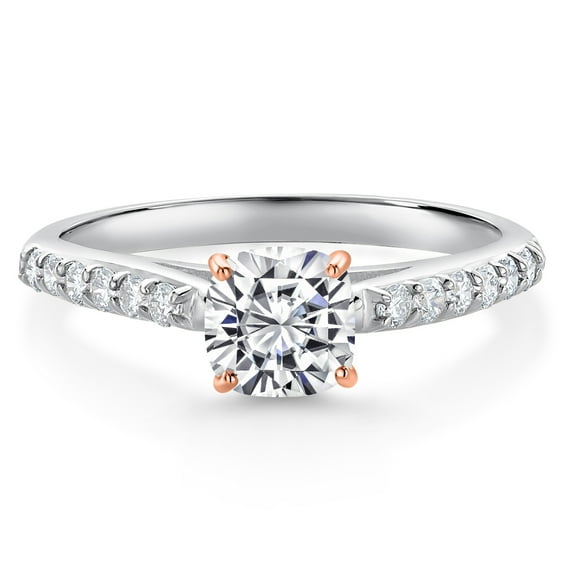 Gem Stone King 10K White and Rose Gold Lab Grown Diamond Engagement Ring for Women | 0.94 Cttw | DEF Color | VVS-VS Clarity | Cushion 5MM (Size 5)