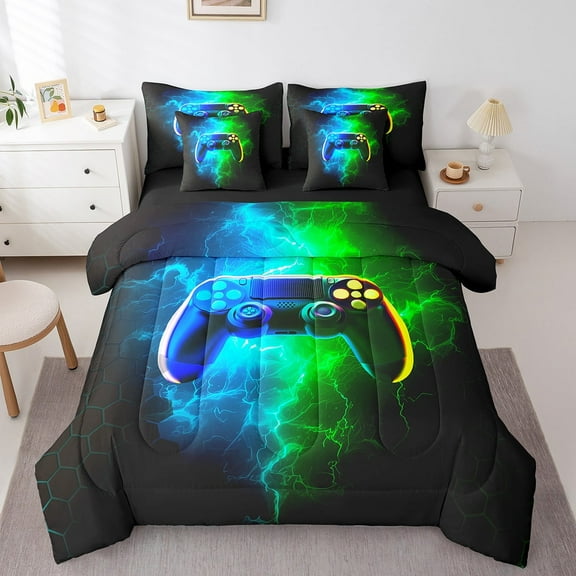 Erosebridal Abstract Gamepads Bedding Sets Twin Size,Neon Gradient Comforter Sets with Sheets,Hexagon Honeycomb Bed in a Bag Twin size,Lightweight Lightning Bedroom Decoration,Reversible,7pcs